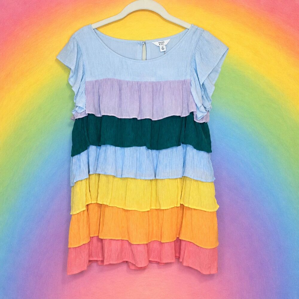NEW Crown & Ivy Rainbow Boho Shirt Top Size Medium Colorful Lined Tiered Ruffled